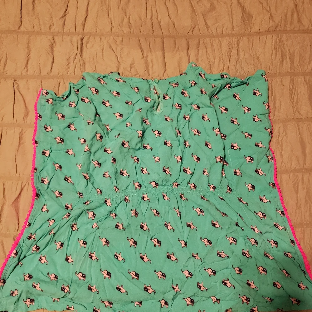 Cat & Jack Kid Teal/pink Elephant Print Cover Up Summer Top W/pom Poms L(10-12)